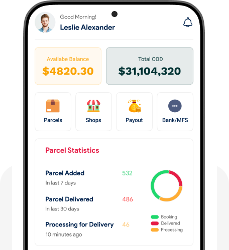 Drix merchant app showing parcel booking and COD payout statement